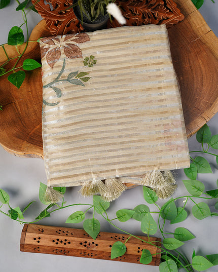 Soft Organza Saree with Gold and Silver lines and Embroidery Thread Work- Pista Green