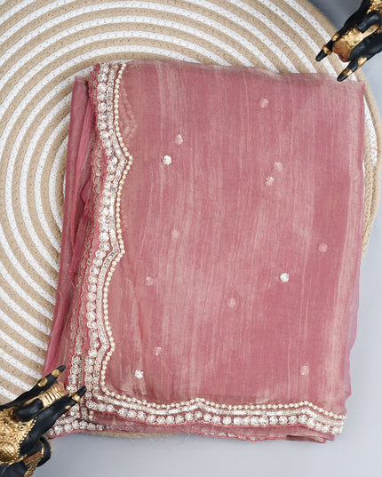 Crush tissue organza saree with sequence butties and scallop border - Maroon