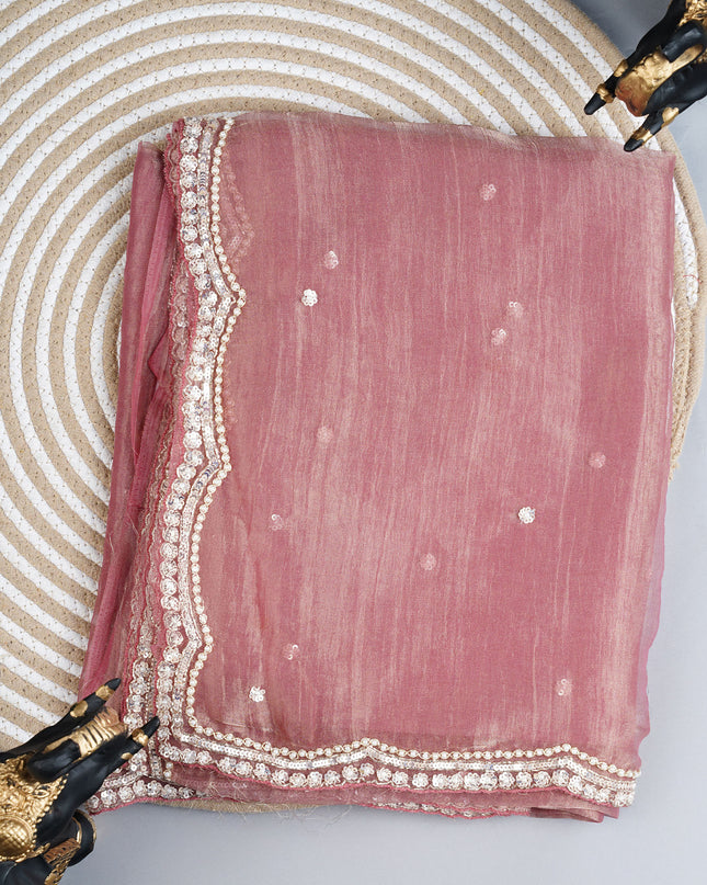 Crush tissue organza saree with sequence butties and scallop border - Maroon