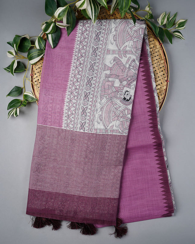 Lenin Silk Saree with Madhubani Print with Contrast Border- Lailak