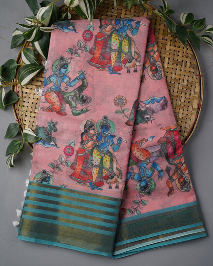 Muslin Silk With Kalamkari Print Contrast Border - L Pink
