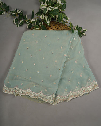 Soft Tissue Organza With Thread Embroidery Butties With Scallop Border - Sea Green