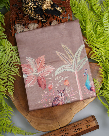 Tussar silk saree with digital print and t hread  weaving border - Beige