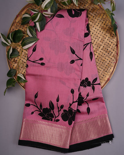 Muslin Silk Digital Print With Golden Zari Border -  Pink