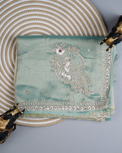 Soft tissue organza saree with sequence butties and scallop border - Sea Green