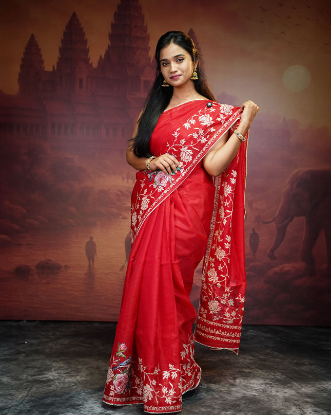 Silk Kota Saree With Applique And Thread Work With Lace Border - Red