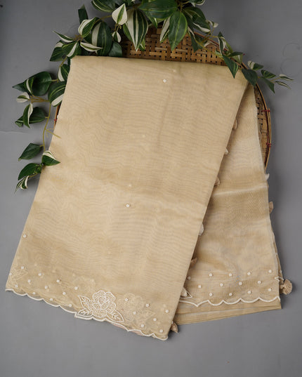 Tissue Linen Saree With Scallop Border With Pearl Work - Beige
