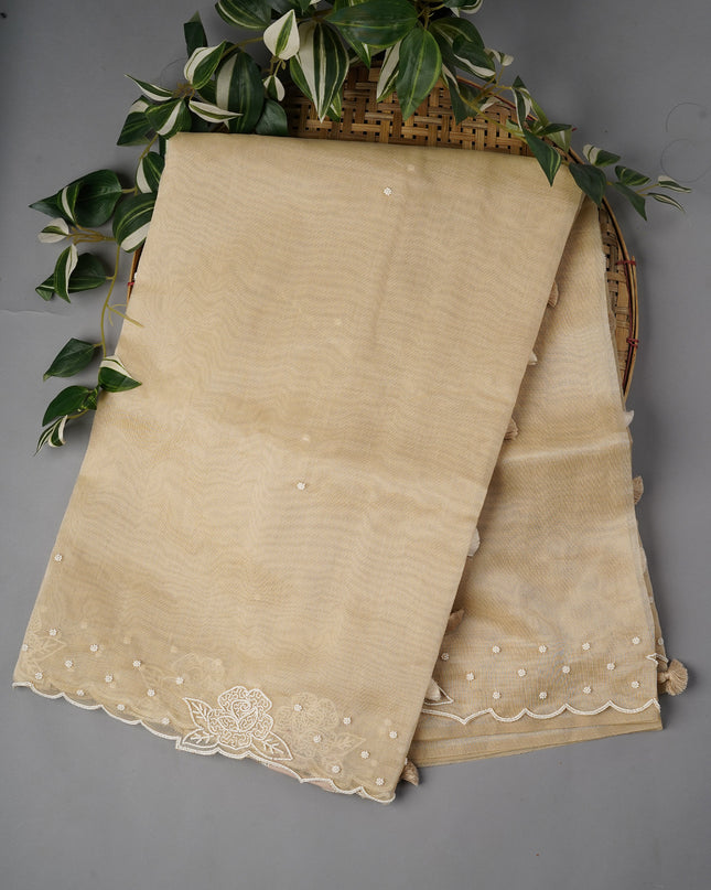 Tissue Linen Saree With Scallop Border With Pearl Work - Beige