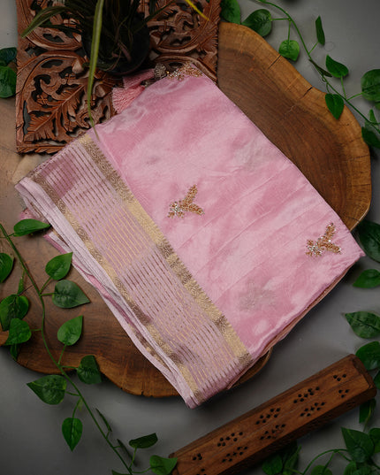 Russian Crepe Kardhana Sequence Work Butties Gold Stripes- Baby Pink