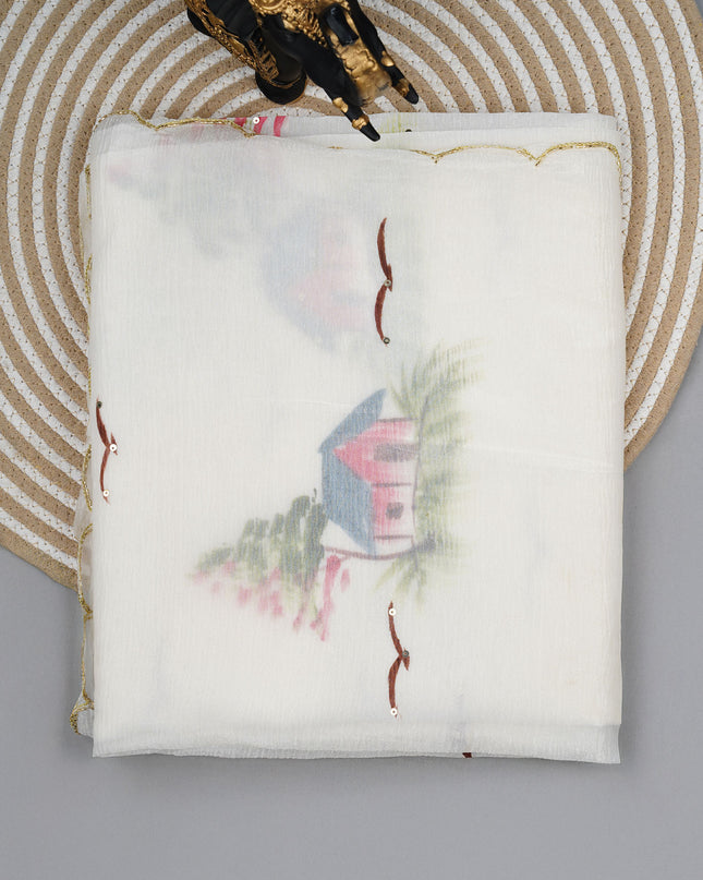 Crush organza saree with hand painting butties and scallop border Kardana & Sequence Work - White