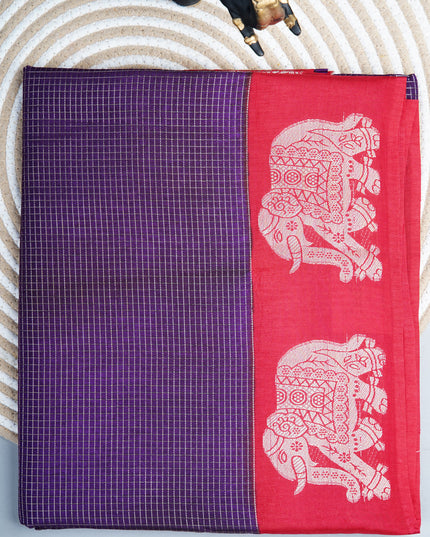 Green  silk saree with all over golden zari  check weaving and contrast elephant border - Violet& Red