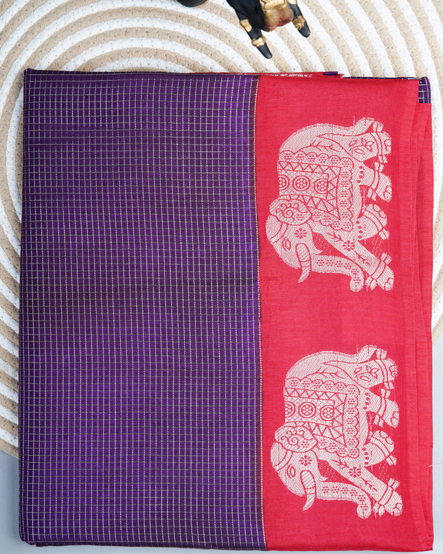 Green  silk saree with all over golden zari  check weaving and contrast elephant border - Violet& Red