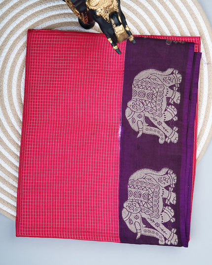 Green silk saree with all over golden zari  check weaving and contrast elephant border - Red