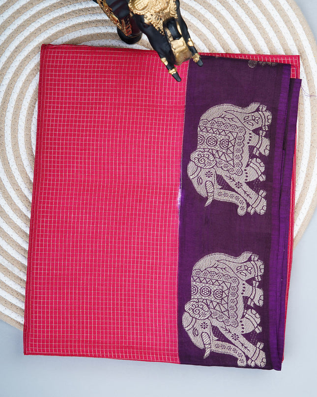 Green silk saree with all over golden zari  check weaving and contrast elephant border - Red
