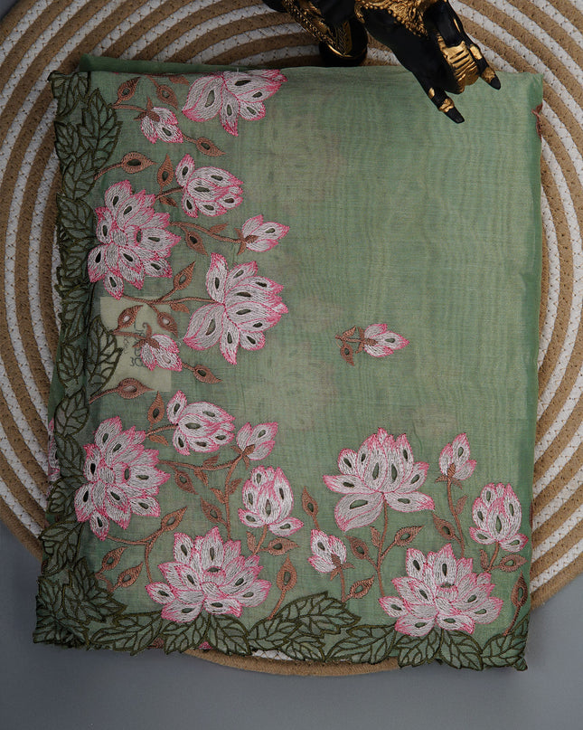 Shimmer Chandei saree with Flower thread Emborder Cut Work Design and Scallop  Border -Pista Green