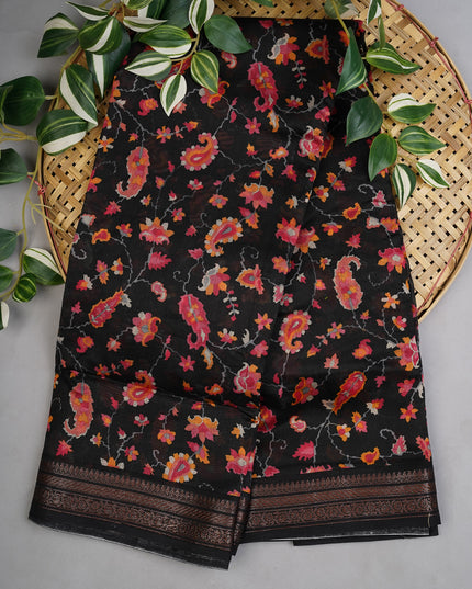 Chanderi Silk Allover Print With Antique Zari Border - Black