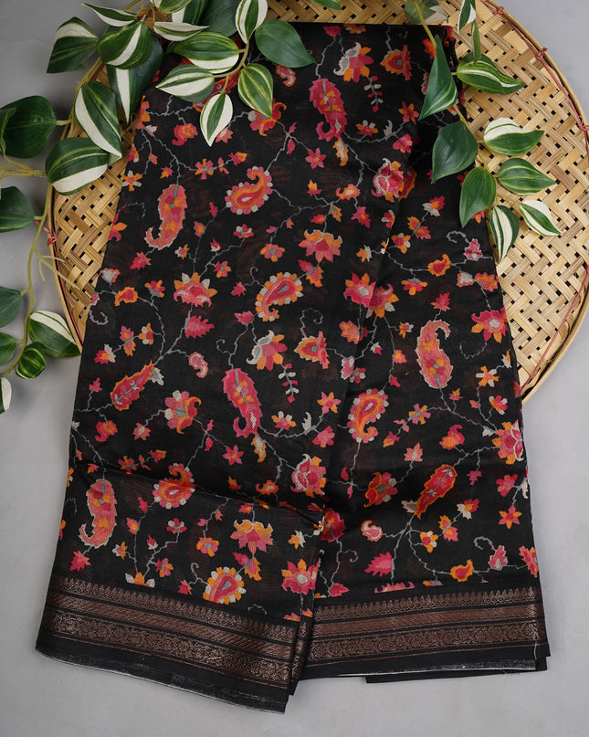 Chanderi Silk Allover Print With Antique Zari Border - Black