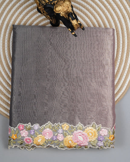 Tissue linen saree with Embroidery work scallop border - Green & Peach