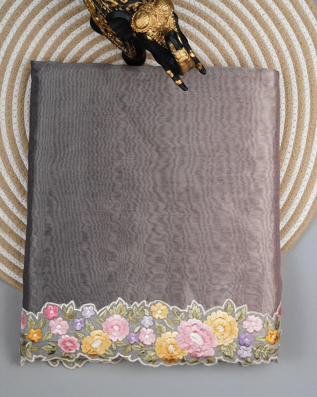 Tissue linen saree with Embroidery work scallop border - Green & Peach