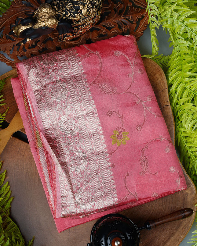 Banaras Silk Saree with Allover Meenakari Weaving and Gold Border - Pink