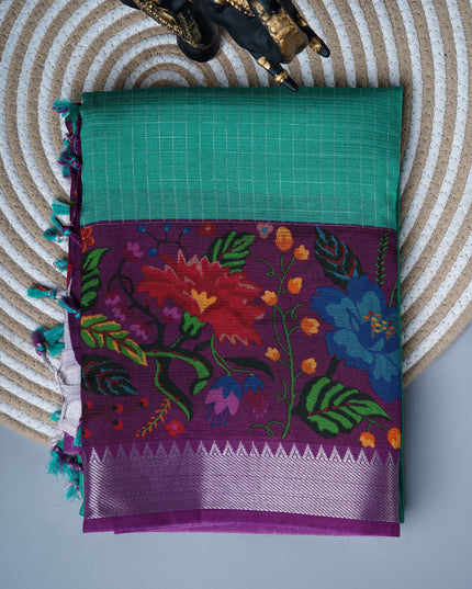Dola silk sarees with checks and floral print border - Royal Magenta