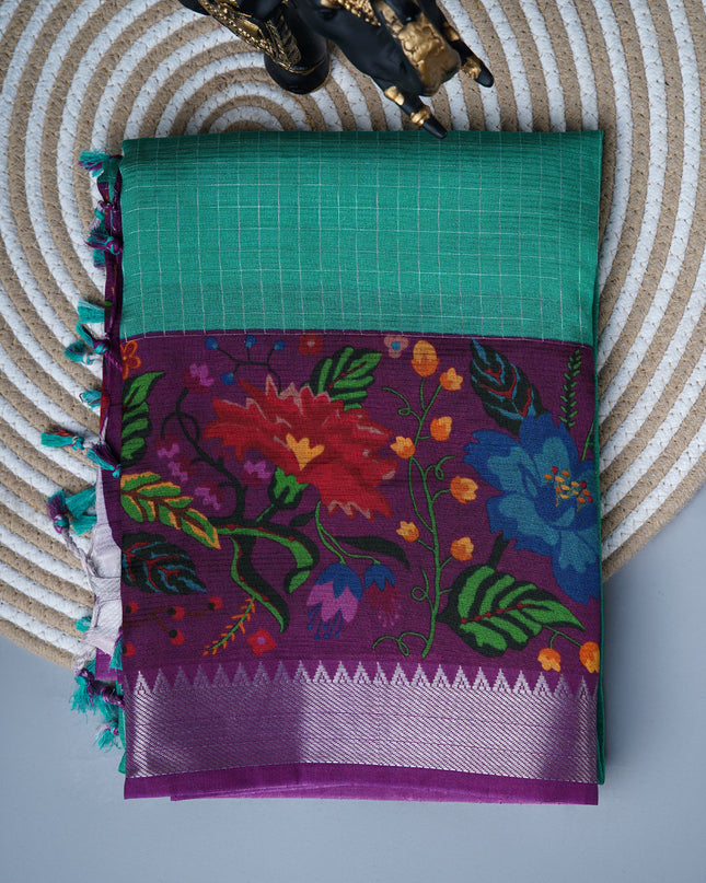 Dola silk sarees with checks and floral print border - Royal Magenta