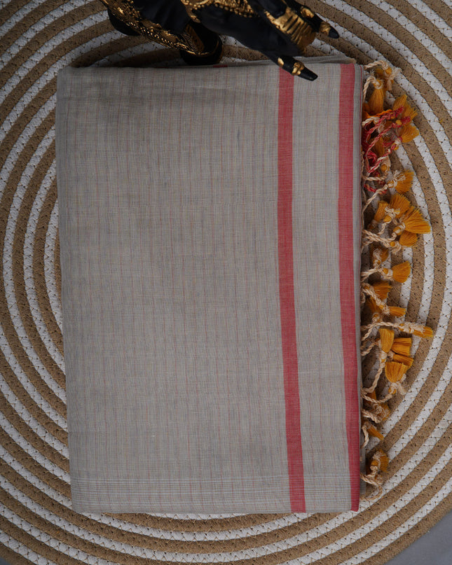 Mul cotton saree with  Allover stripes and contrast border - Light Grey