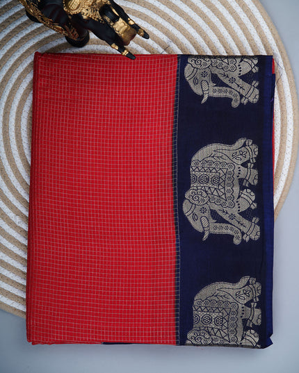 Green silk saree with all over golden zari  check weaving and contrast elephant border - TomatoRed
