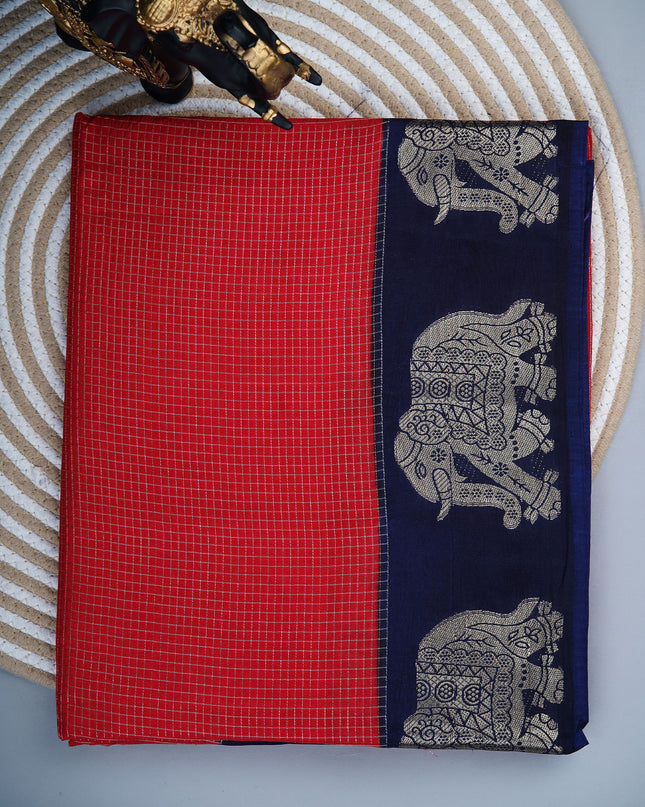 Green silk saree with all over golden zari  check weaving and contrast elephant border - TomatoRed