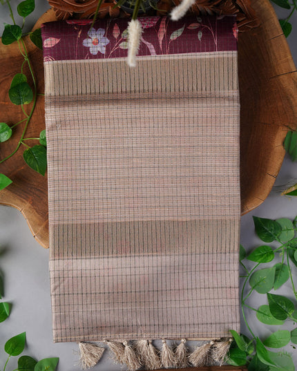 Tusser Silk Saree Floral Print with Contrast Border- Beige Peach