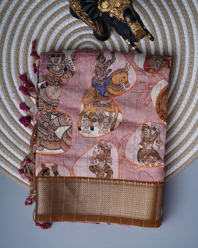 muslin silk saree with Kalamkari print and golden zari border - Caramel Brown