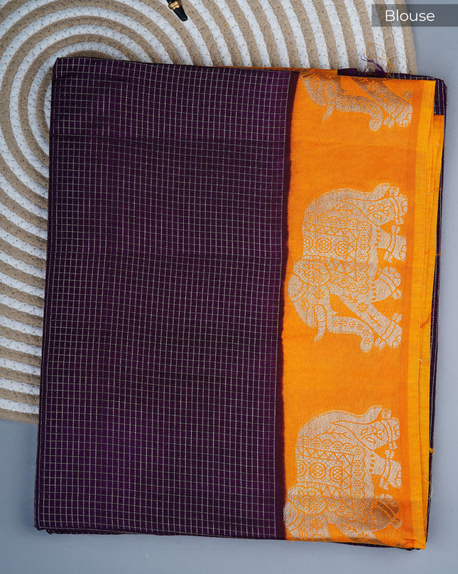 Green silk saree with all over golden zari  check weaving and contrast elephant border-Violet