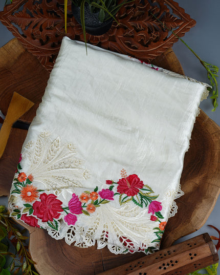 Dupion Silk Saree With Thread Work and Cut Work Border - White