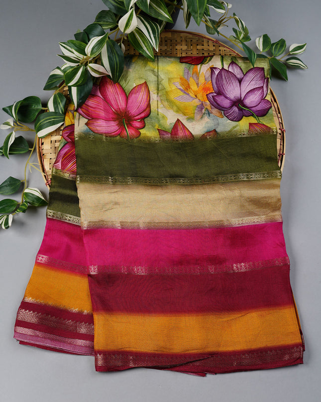 Binny Crepe Saree Floral Print With Rancut Border -  Multicolor