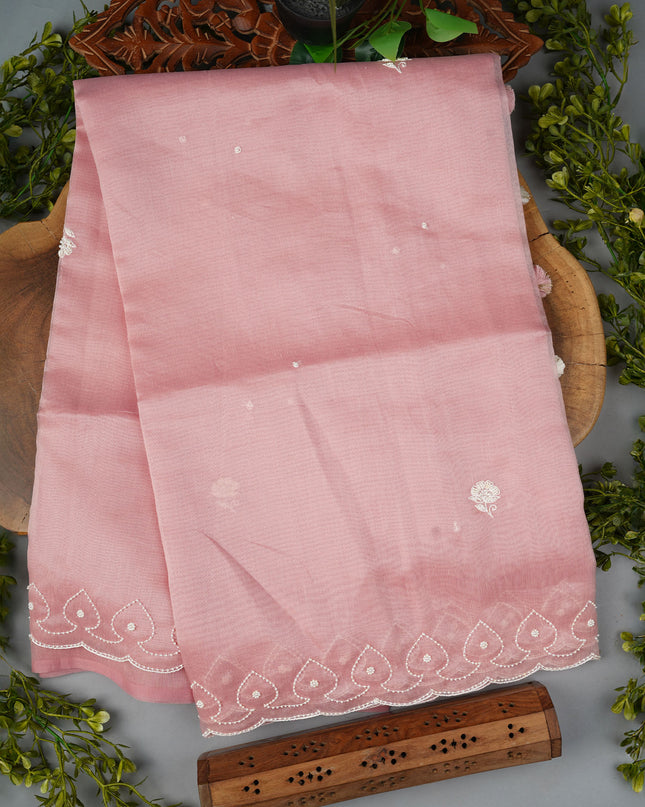 Tissue Linen Saree and Scallop Border and Peral Work -Baby Pink