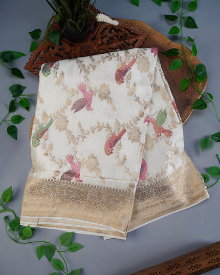 Banarasi Silk Saree with Meenakari Butties and Gold Border- Half White