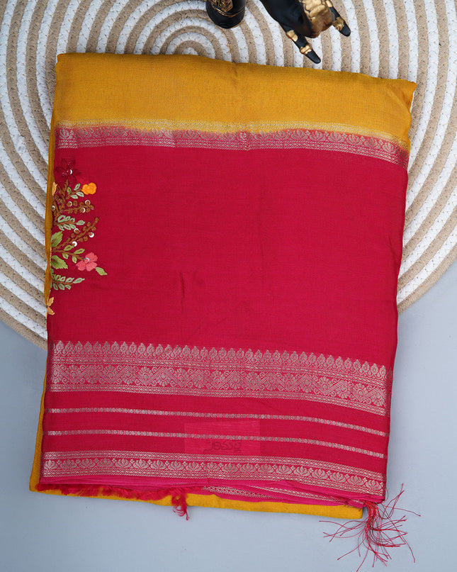 Chinnon Crape Saree French Knot Work Design and Golden Zari Gap Border - Pink