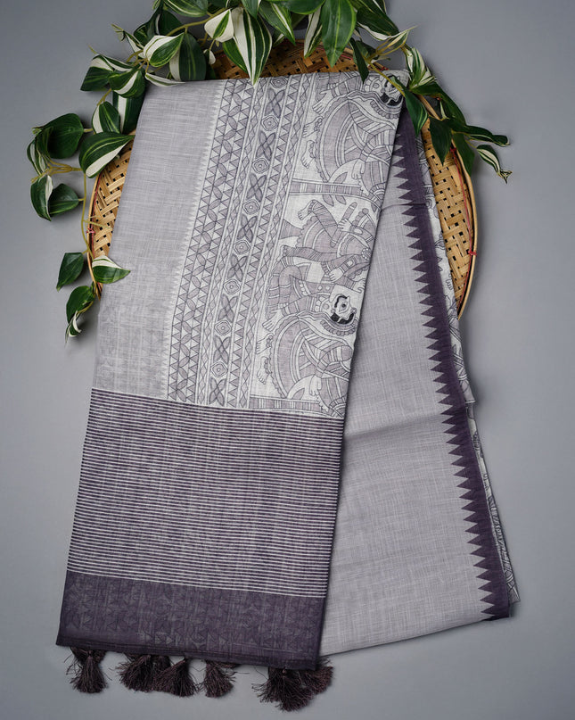 Lenin Silk Saree with Madhubani Print with Contrast Border- Grey