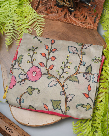 Binny crepe saree with digital print zari border  - Light Cream