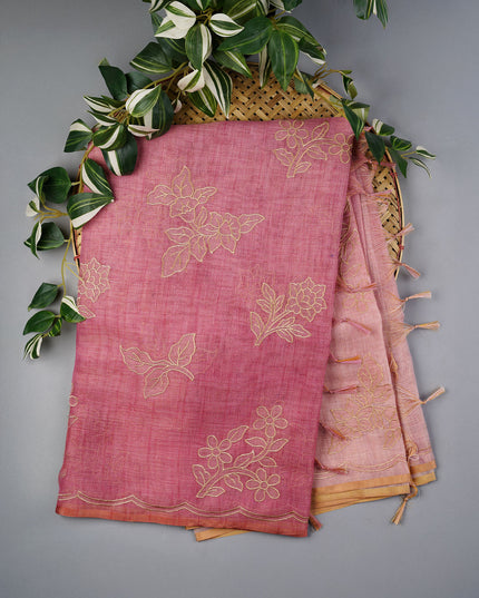 Tissue Lenin Saree with Applique Work- Onion Pink