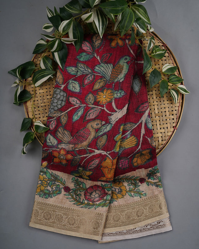 Tusser Kalamkari with Kanchi Border- Rani Pink