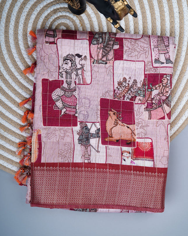 Muslin silk saree with Kalamkari digital  print  contrast border - Brick Red