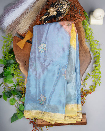 Wrinkle Crepe Saree With Gold Zari Butties Contrast Border - Blue