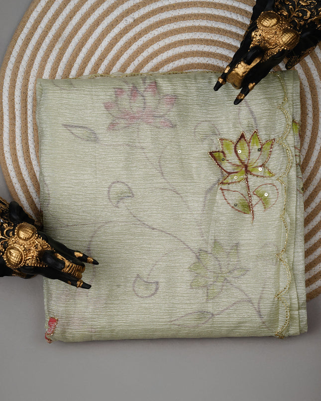 Crush tissue saree with hand painting butties and scallop border Kardana & Sequence Work - Light Green