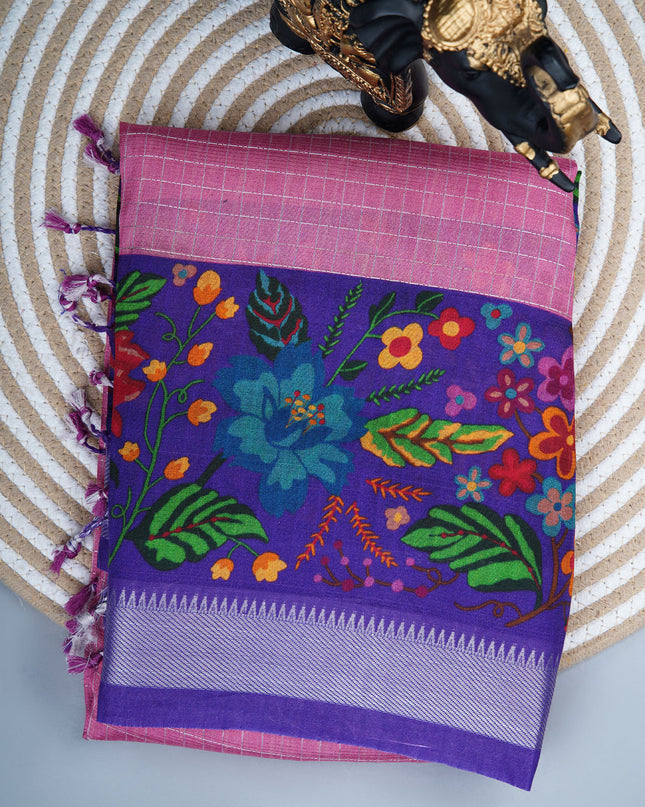 dola silk sarees with checks and floral print border - Violet