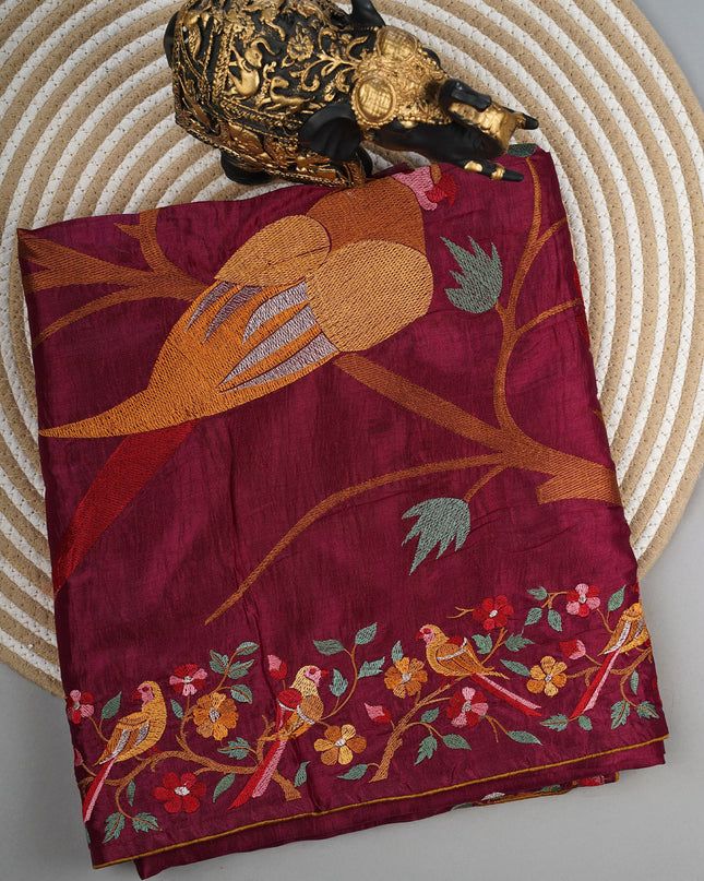Dupion saree with  golden butties and thread work and border - Wine