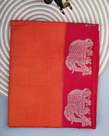 Green silk saree with all over golden zari  check weaving and contrast elephant border - Orange