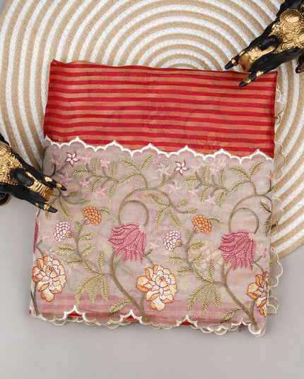 Soft Organza Saree and Golden Lines and Thread Work  scallop border - Maroon