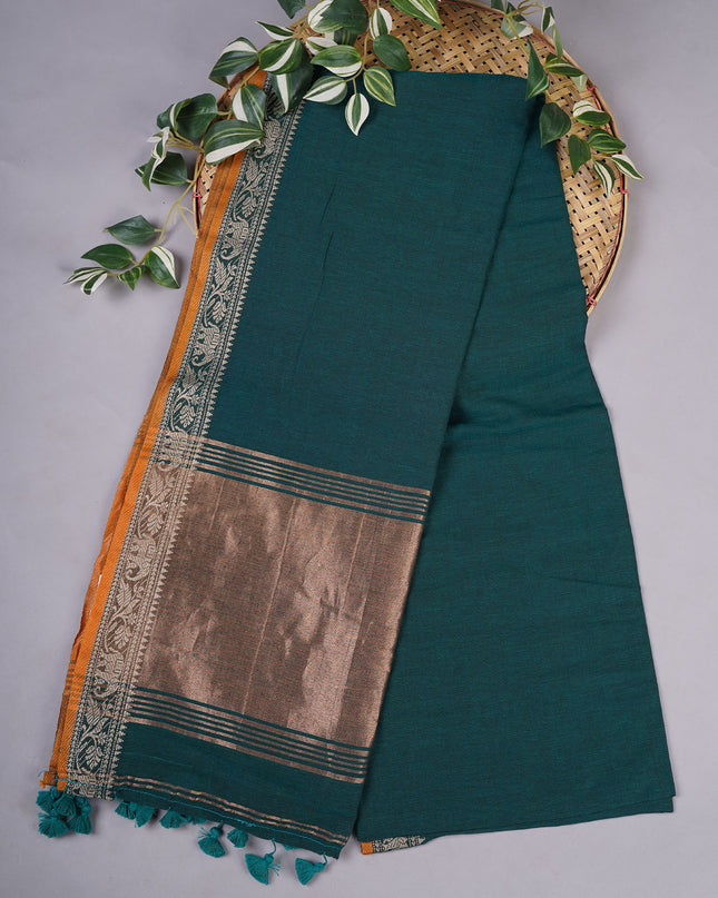 Cotton Antique Gold Zari Border - Green