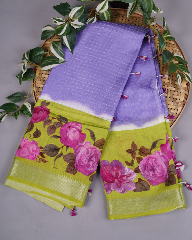 Mangalagiri Silk Silver Zari Weaving Checks Design With Digital Border - Lavender